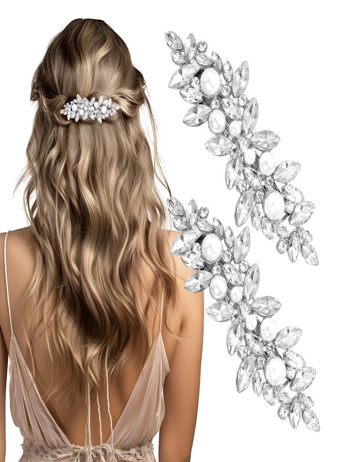 MBAIYO 2Pcs Pearl Hair Clips for Women, Silver Bridal Barrettes Vintage Wedding Hairpins Silver Sparkly Crystal Hair Clips for Bridal Brides Wedding - Image 1